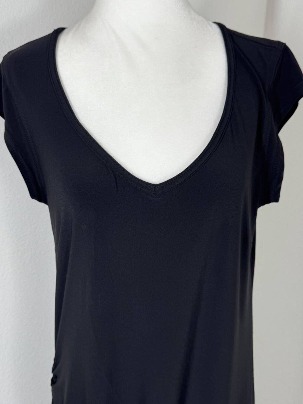 Joseph Ribkoff Dress Black Jersey Midi Side Ruching V Neck Sz 10 Short Sleeve - Picture 2 of 13